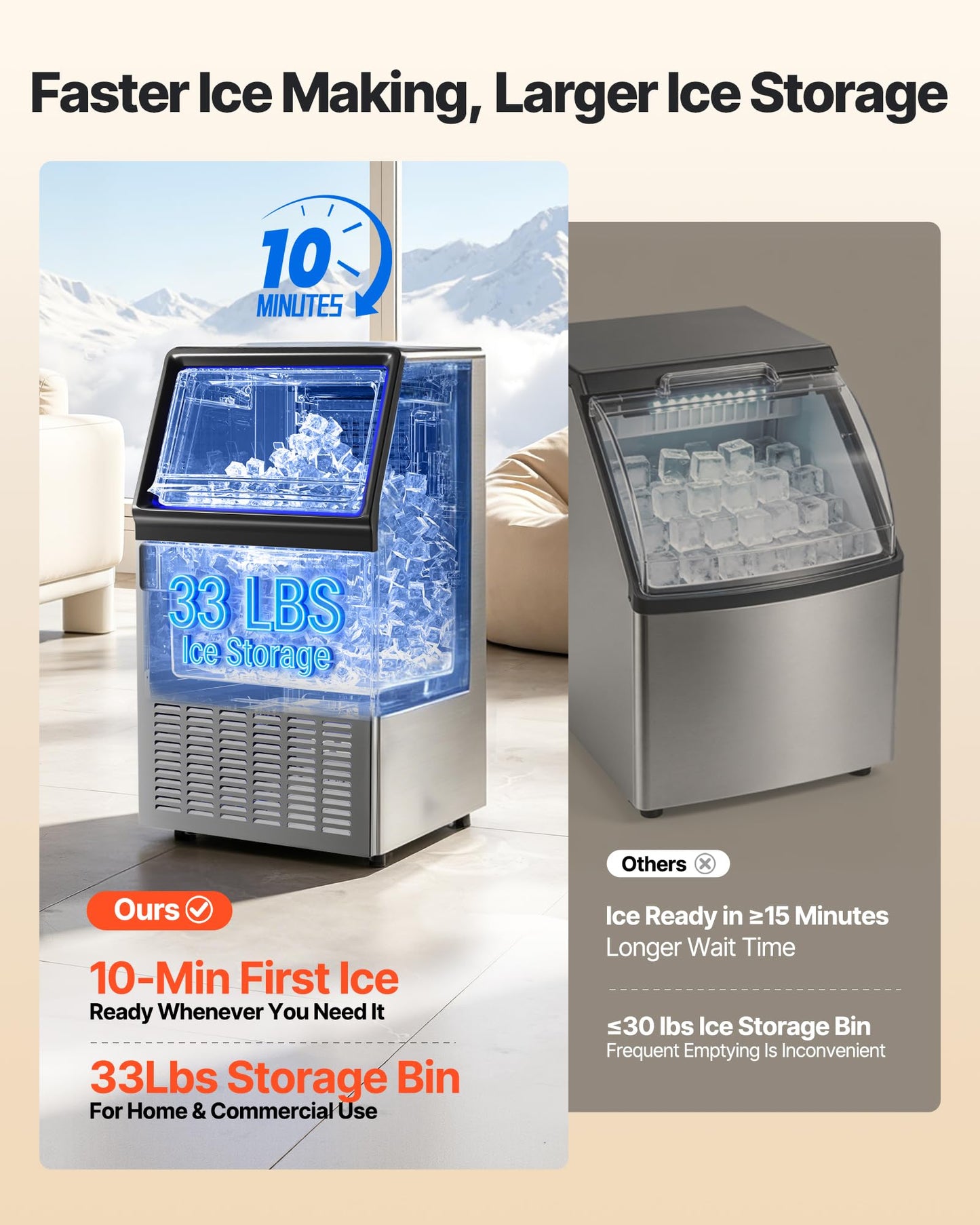 VEVOR Commercial Ice Maker Machine, 120 lbs/24H Ice Production, 33 lbs Storage Bin, 45 Cubes per Cycle, Stainless Steel Under Counter & Freestanding Ice Maker with LED Display, for Home Bar Restaurant