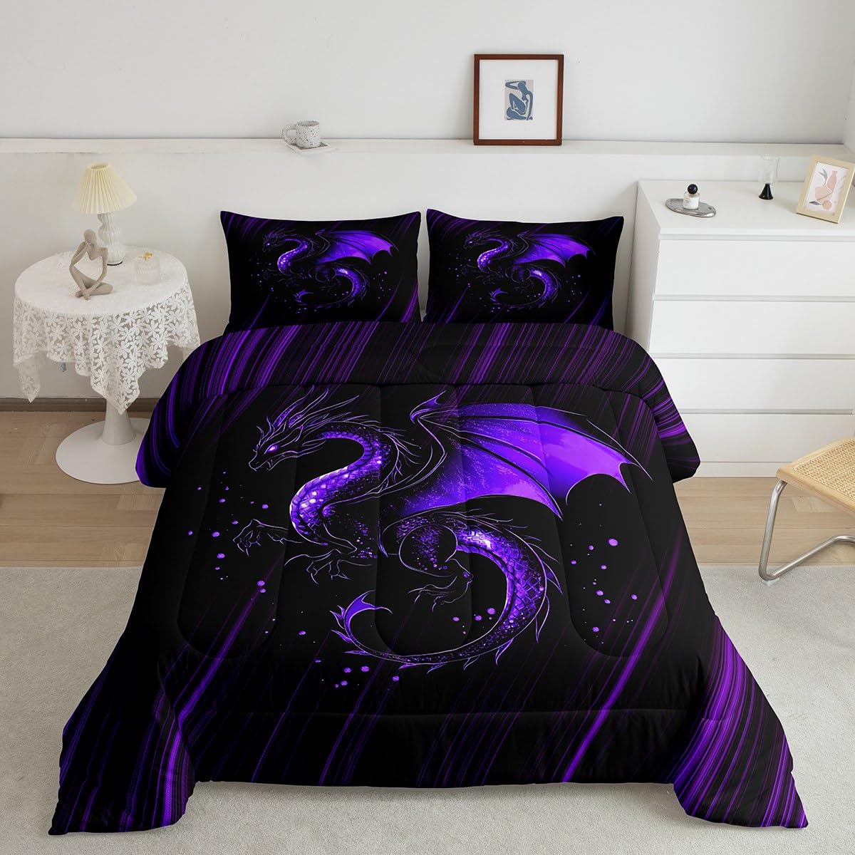 Feelyou Kids Purple Black Ombre Comforter Set Queen Size, Dragon Bedding Set Chinese Dragon Comforter for Kids Boys Girls Animal Duvet Insert Room Decor Bed Set 3Pcs