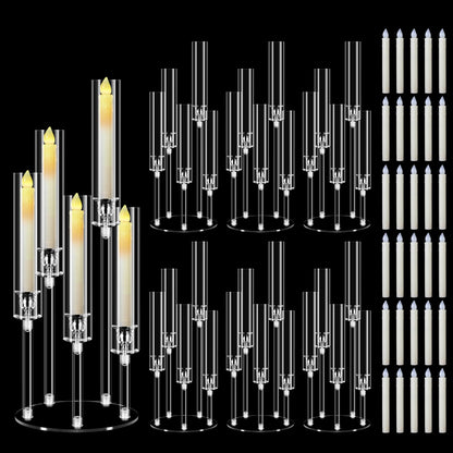 6 Set 5 Arm Acrylic Candle Holder with Candles, Mjkeomo 22.8'' Tall Table Candelabra Centerpiece, Lightweight Candelabra with Lampshades for Fireplace Mantel, Wedding, Housewarming Gift