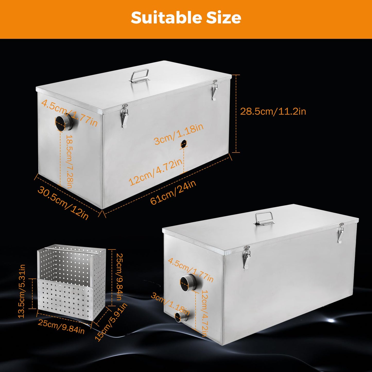 BEAMNOVA Commercial Grease Trap 25lbs + 8lbs Stainless Steel Interceptor, Side Inlet for Restaurant Home Kitchen Tools
