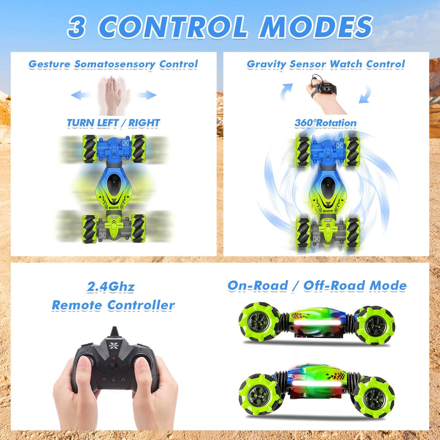 Fosgoit Gesture RC Car, 2.4GHz 4WD Gesture Sensing RC Stunt Car Toys for 6-12 Years Old Boys Girls, Hand Controlled Remote Drift Twist Offroad 360° Rotation with Lights Music for Birthday Gifts