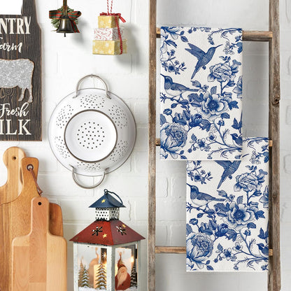 Artoid Mode Blue Hummingbird Flowers Kitchen Towels Dish Towels, 18x26 Inch Farmhouse Royal Blue Porcelain Decoration Hand Towels Set of 2