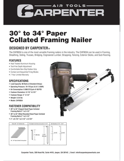 Carpenter Air Tools CHF9034 30-34 Degree Paper Collated Framing Nailer with 7 Year Warranty