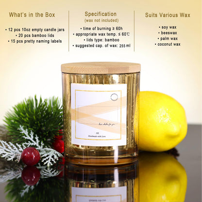 LAMORGIFT 12 Pack Gold Mercury Glass Candle Jars (10oz) with Lids - Candle Makes Accessory Set Including 15 Labels