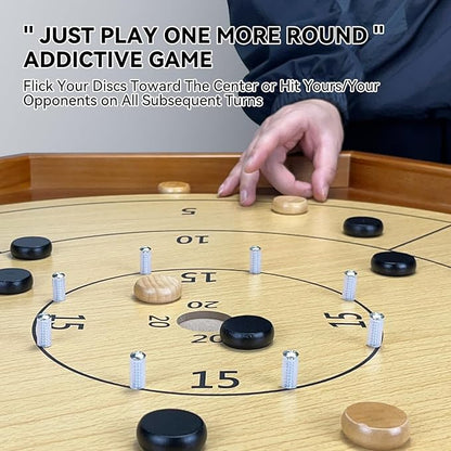 30 Inch Tournament Crokinole Board Game 2 in 1 Crokinole and Checkers with 26” Playing Surface Metal Pegs Wooden Octagon Canadian Tabletop Board Game Krokinole for Families and Friends