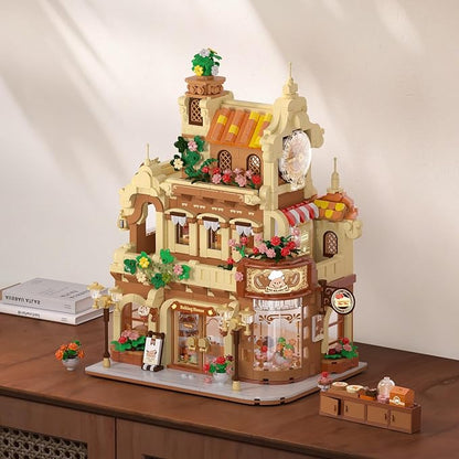 City Bakery Cafe House Building Set with Light 1289 PCS Baking Shop Building Block Toy with Coffee Cake Bread Bakery Room Pastry Construction Model for Adults Teens Kids Boys Girls Ages 8-12+