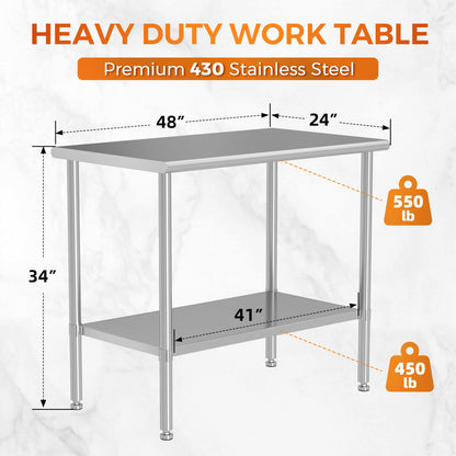 HOCCOT All Stainless Steel Work Table, Heavy Duty Prep Table 24x48 Inch with Stainless Steel Undershelf & Replaceable Feet(Without Casters) Commercial Workstation for Restaurant Kitchen Garage Outdoor