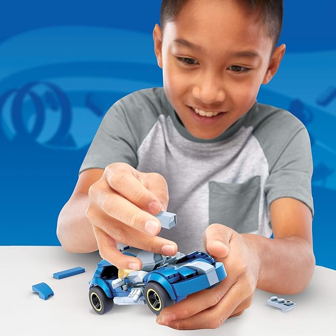 MEGA Construx Hot Wheels Race Car Building Toys Set Twin Mill with 111 Pieces 1 Micro Action Figure Driver Blue Kids Ages 5+ Years