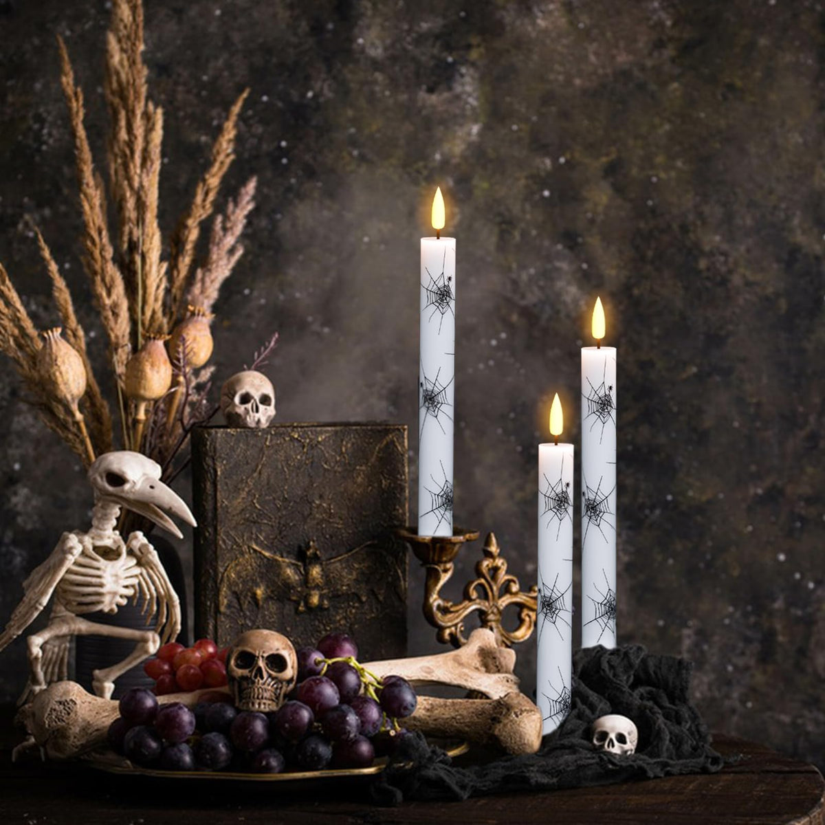 Wondise Halloween Flameless Taper Candles with Remote & Timer, 4 Pack Spider Web Halloween Candles Battery Operated Real Wax LED Flickering Candlestick for Halloween Table Decorations, 02020051
