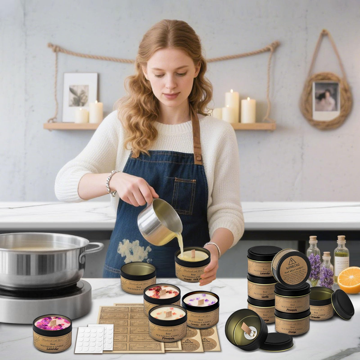 CollectHall 4oz Candle Tins with Lids, 24 Set DIY Candle Making Kit Includes Bulk Tins, Wood Wicks, Stickers, Wick Holders & Warning Labels for Small Business