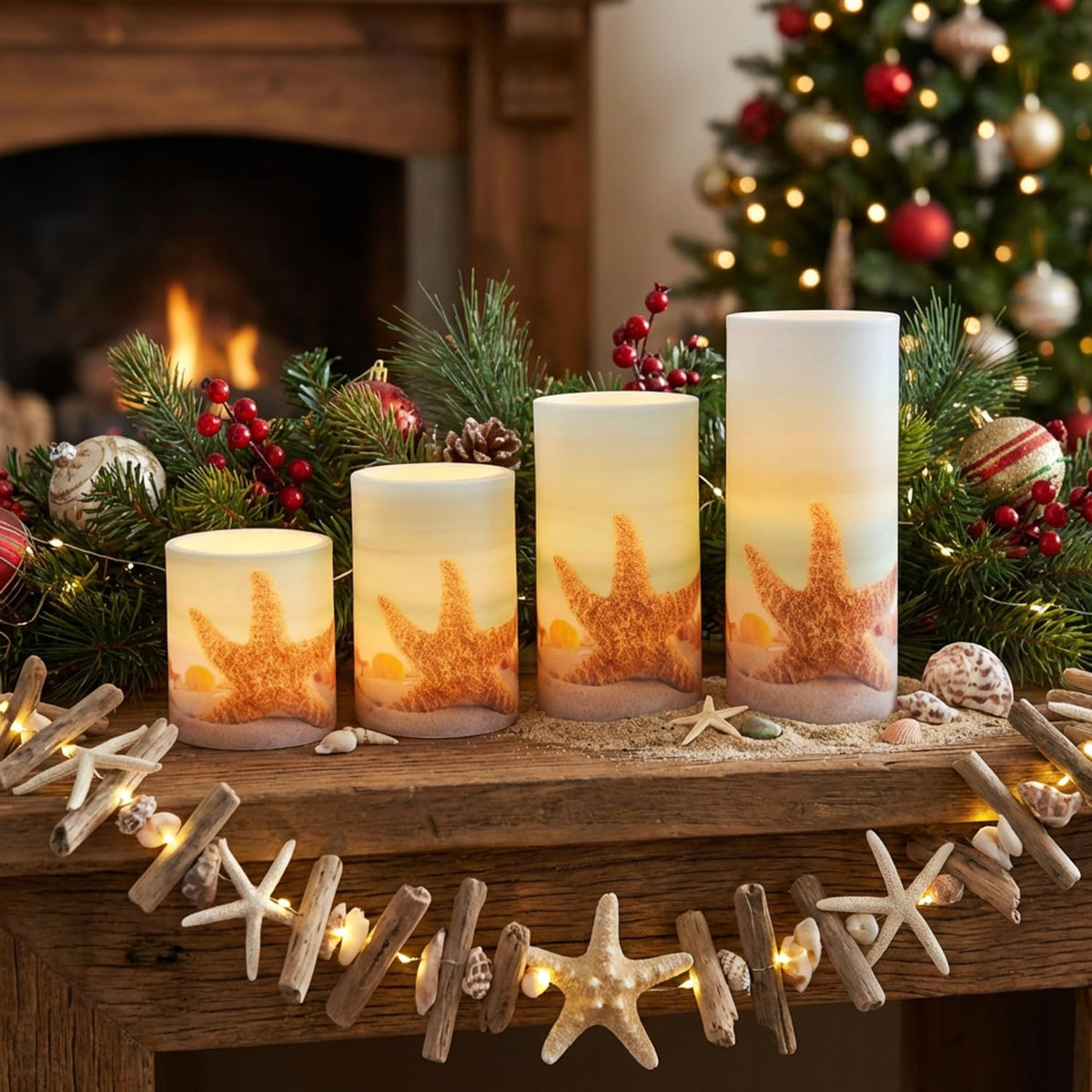 Aulaygo 4PCS Summer Starfish Flameless Candles with Timer Remote Control,LED Pillar Candles Set Battery Operated for Wedding Beach Party Holiday Home Decor