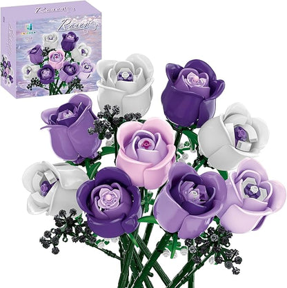 ENJBRICK Pink &amp Purple Roses Flower Bouquet Building Set 615Pcs Everlasting Botanical Collection Compatible with Lego for Adults Aesthetic Home Decor &amp Romantic Gift for Women Anniversary