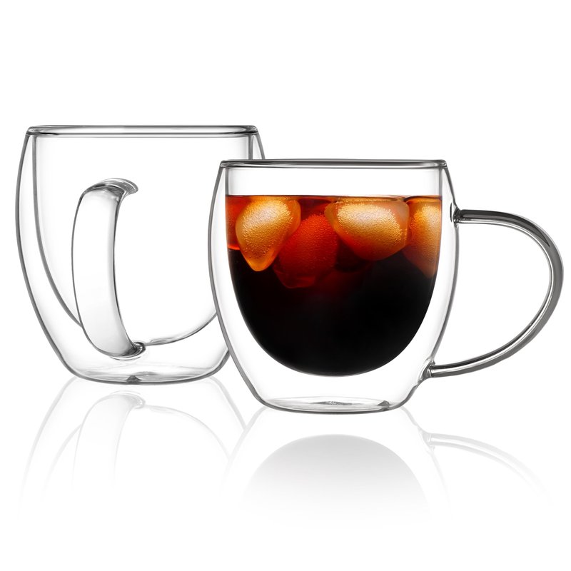 CNGLASS Double Walled Glass Coffee Mugs with Handle,12oz Insulated Glass Mugs with Handle,Clear Espresso Cups for Latte,Cappuccino,Tea Bag,Set of 2