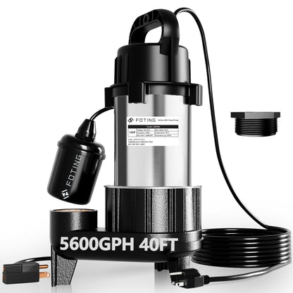 FOTING 1HP 5600 GPH 40FT Sump Pump Submersible Sewage/Effluent Pump - Heavy Duty Cast Iron Automatic/Manual - 115V Septic Pump for Sump Basin/Sewage/Basement, 2'' NPT