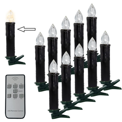 Flameless LED Taper Candles with Clips, 4” Battery Operated Window Candles with Remote Timer Mini LED Chandelier Candlesticks for Home Decor Wedding Church Party & Tree Lighting,10 Pack,Black