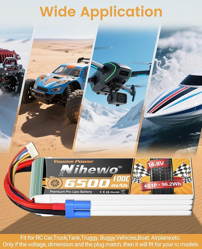 4S Lipo Battery 6500mAh 14.8V RC Battery 100C with EC5 Connector Soft Case Fit for 1/7 1/8 Scale RC Car Truck Vehicles Tank Boat Airplane Helicopter Quadcopter Models (2Packs)
