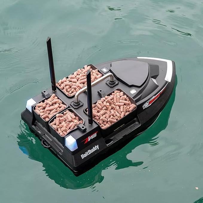 RC Bait Boat for Fishing with 4 Bait Containers 1640FT Remote Range Line Drop Cruise Control Dual 5200mAh Batteries LED Lights Hook Release &amp Carry Bag (Black)