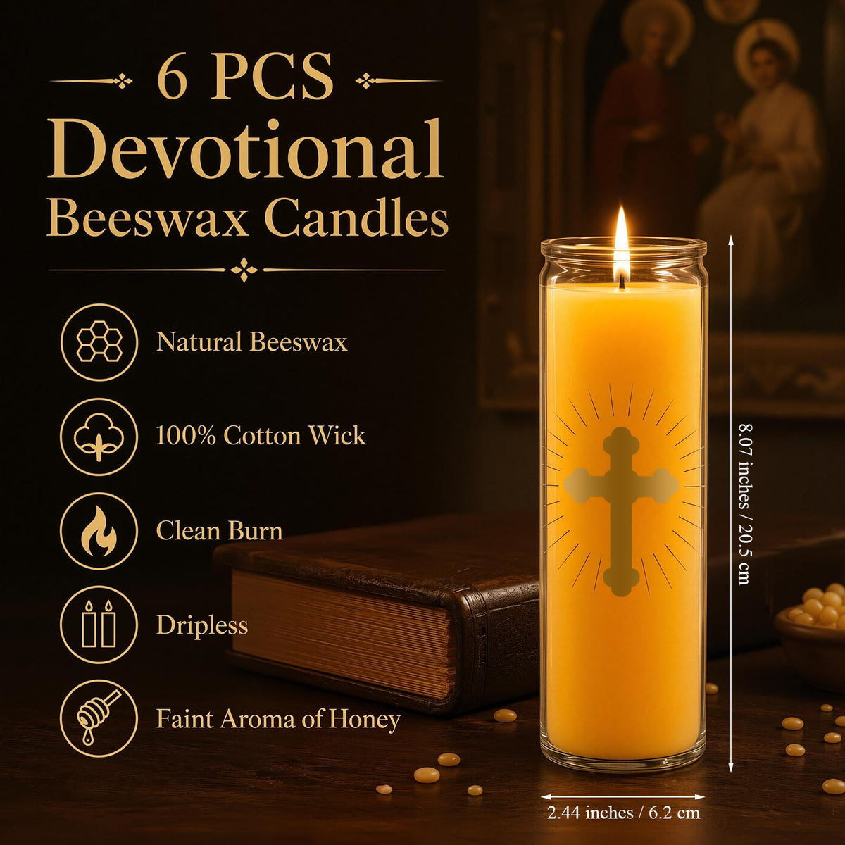 ARQRHTLY 6 Pcs Beeswax Prayer Candles 7 Day Devotional Candle in Glass 100 Hours Long Burn Time Religious Catholic Christian Spiritual Decor for Memorials Vigil Church Home Altar Bless Novena