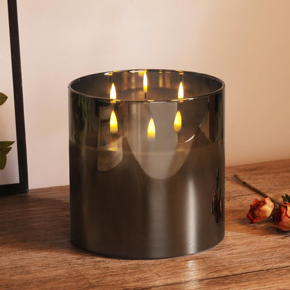 Girimax 3 Wick Grey Glass Flameless Candle with Remote, Large 6x6 inch LED Pillar Candle Battery Operated Flickering