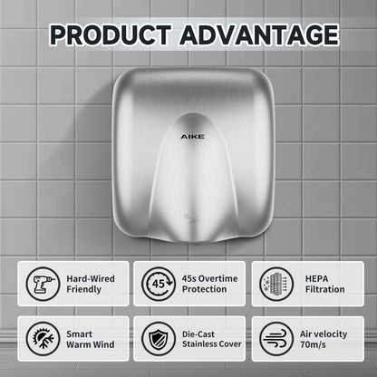 AIKE Heavy Duty Hand Dryer Hard-Wired Friendly 110V High Speed Brushed Stainless Finish Model AK2811