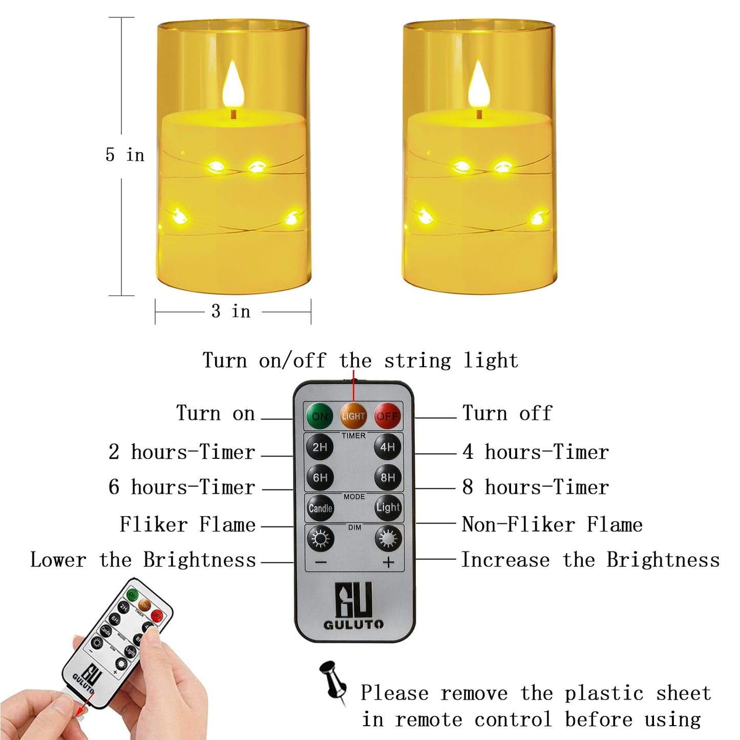 Guluto Flameless LED Candles, Non-breakable Battery Operated Candles with Embedded Star String, D 3"×H 5", Set of 2, Flickering Pillar Candle with Remote and Timer for Birthday Home Decoration (Gold)