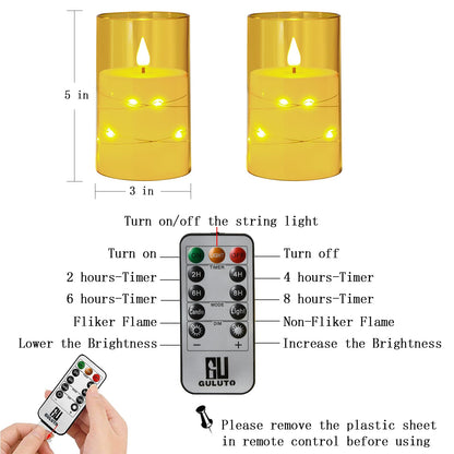 Guluto Flameless LED Candles, Non-breakable Battery Operated Candles with Embedded Star String, D 3"×H 5", Set of 2, Flickering Pillar Candle with Remote and Timer for Birthday Home Decoration (Gold)