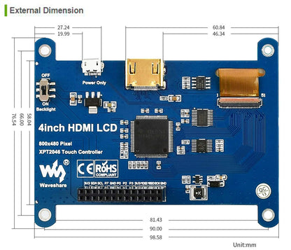 waveshare 4 inch HDMI LCD IPS Display 800x480 Resolution Resistive Touch Screen Interface for Raspberry Pi 4 B/3 B/3 B+/2 B/B+/B Zero W