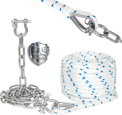 FUCNEN 5/8" Boat Anchor Rope 200 FT with 316 Stainless Steel Anchor Chain 5/16" x 10 FT, 5/16" Bow Shackles and 5/8" Thimble, Anchor Rode for Mooring, Boats Pontoon, Deck, Fishing, Sail