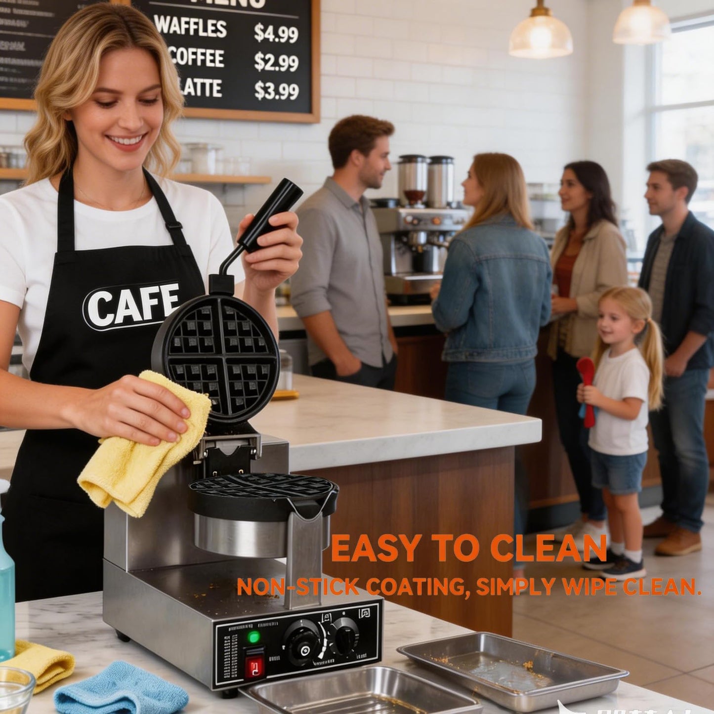 Commercial Waffle Maker 1300W Non-Stick Waffle Iron Rotatable 180° Waffle Baker Machine With Temp and Time Control for Bakery Snack Bar Family