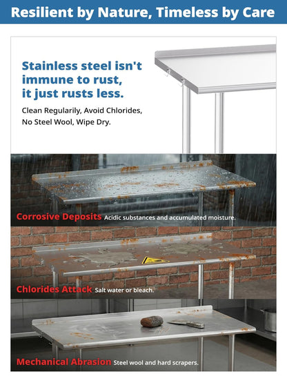 Atelicf All-Stainless Steel Prep Table, 24 x 48 Inch, with Rounded-Corner Backsplash, Casters and Adjustable Undershelf, Heavy-Duty Build for Outdoor Use, Restaurants, Kitchens, Gardens, and Garages