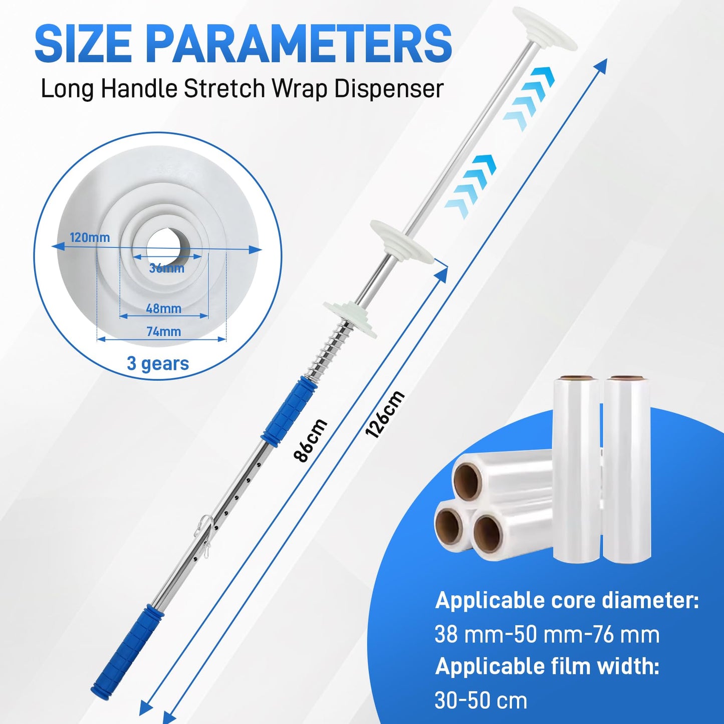 10-Pack Heavy Duty Stretch Film Dispenser Pole Holder - 48 Inch Extra Long Handle for Pallet Wrapping - Fits 12" to 24" Rolls with 2" to 3" Core - Industrial Grade Stretch Wrap