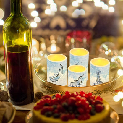 Cozeyat Flameless Tealights 4 Pieces,Sea Travel Pattern Electric Tea Lights in Warm Yellow,Flickering Wax Moving Votive Candles with Remote Control,Daily Use