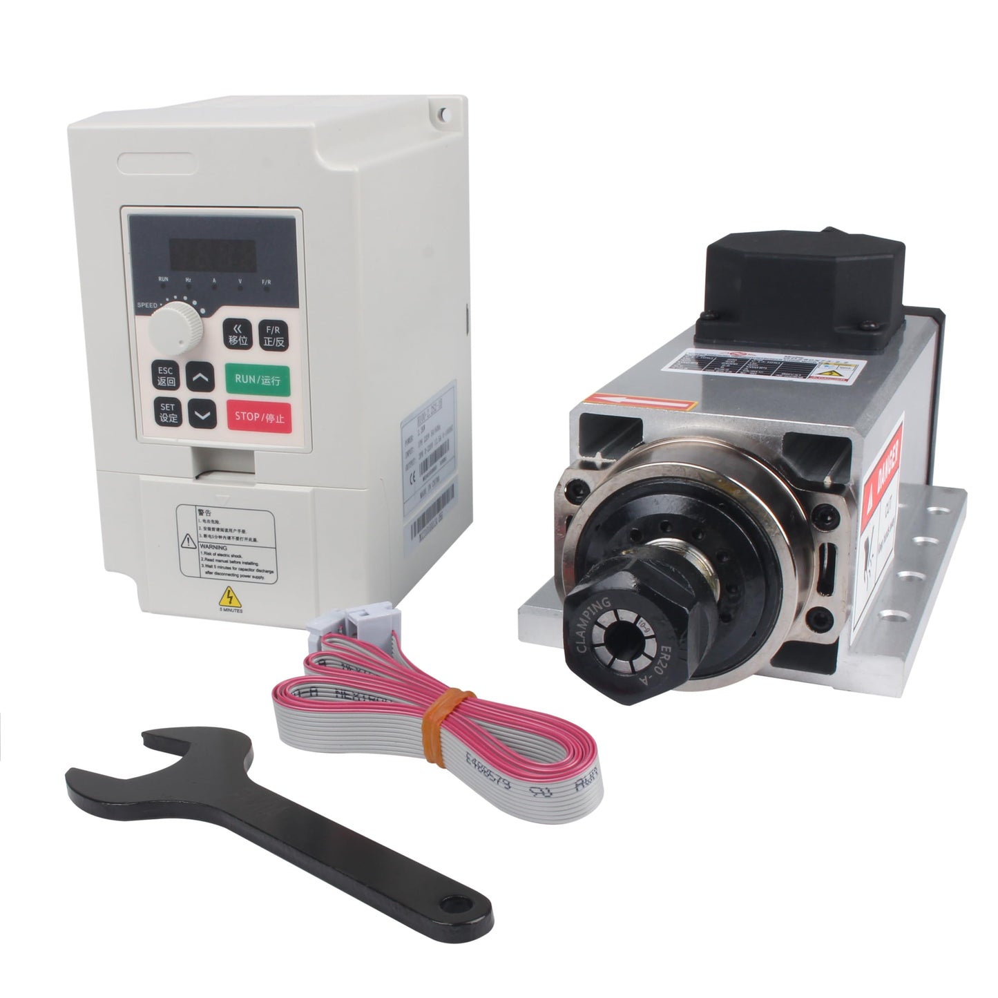 RATTMMOTOR CNC Spindle Motor Kit 220V 2.2KW Square Spindle Motor Air Cooled ER20+2.2KW VFD Inverter 220V Variable Frequency Drive Single to 3 Phase Converter for CNC Milling Machine