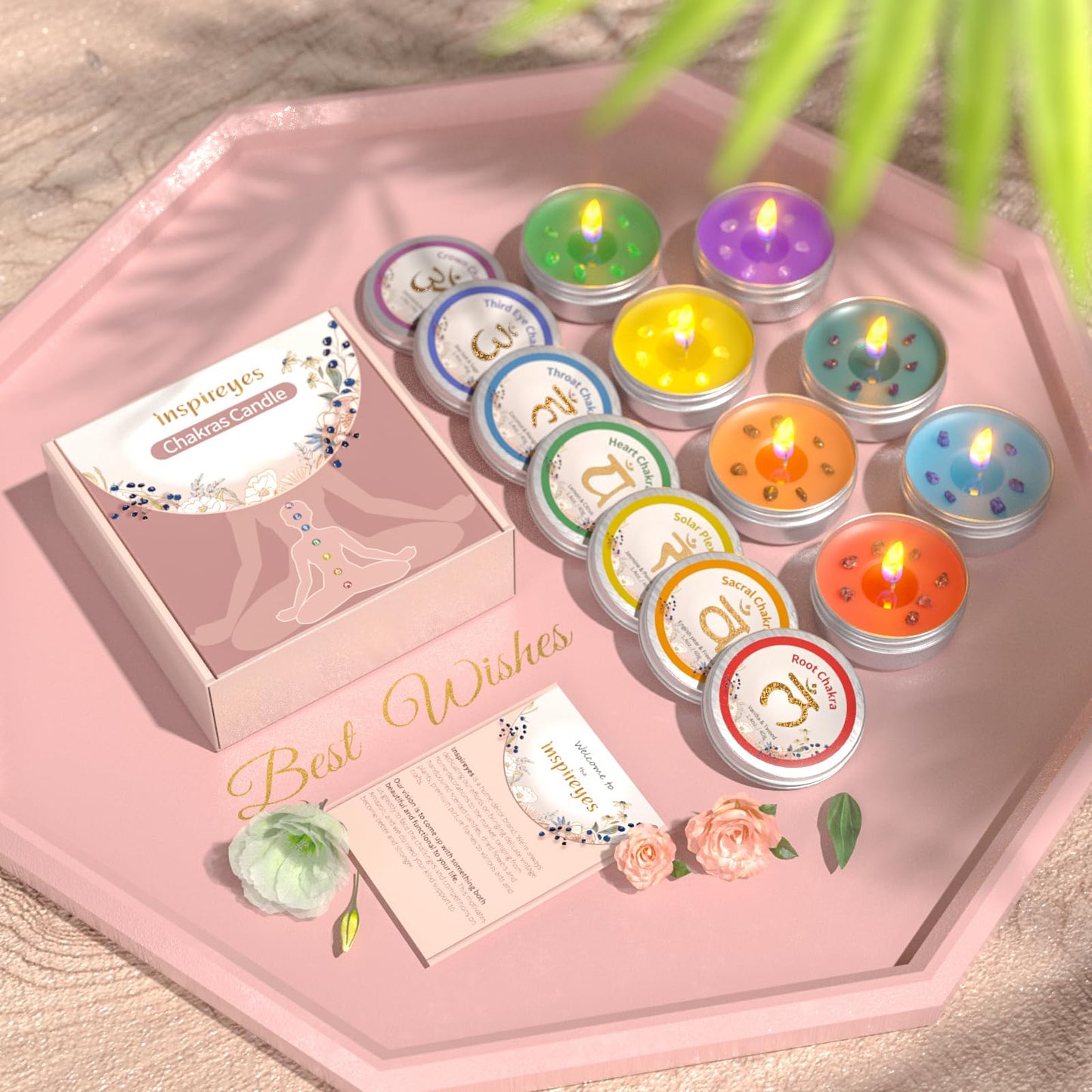 Inspireyes Chakra Candles Set of 7,Meditation Crystal Scented Candles Gift Set for Women, Spiritual Healing Candles for Promotes Positive Energy, Yoga, Cleansing, Manifesting, Relaxation