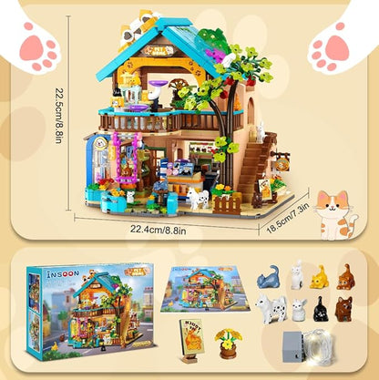 City Pet Shop Building Set with Lights Cozy Pet Store Construction Toy with Cats Dogs Cute Animal Store Miniature House Model Building Block Kit for Adults Kids Boys Girls Ages 8-12+