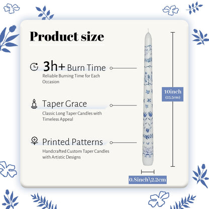 Blue and White Porcelain Taper Candles 10 Inch Print Candle Handmade Unscented Rural Pattern Long Candles 2 Pack Twisted Candlesticks for Wedding Home Decoration Gifts
