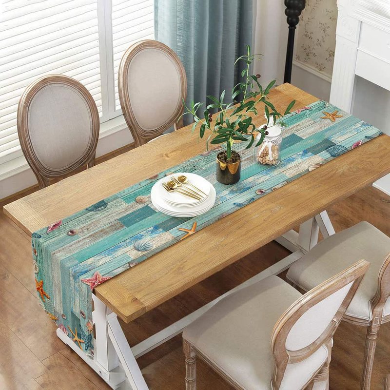 Beach Table Runner, Summer Ocean Beach Seashell Starfish Table Runner for Kitchen, Coastal Nautical Linen Non-Slip Dining Table Runners for Family Dinner/Wedding/Outdoor Indoor Party