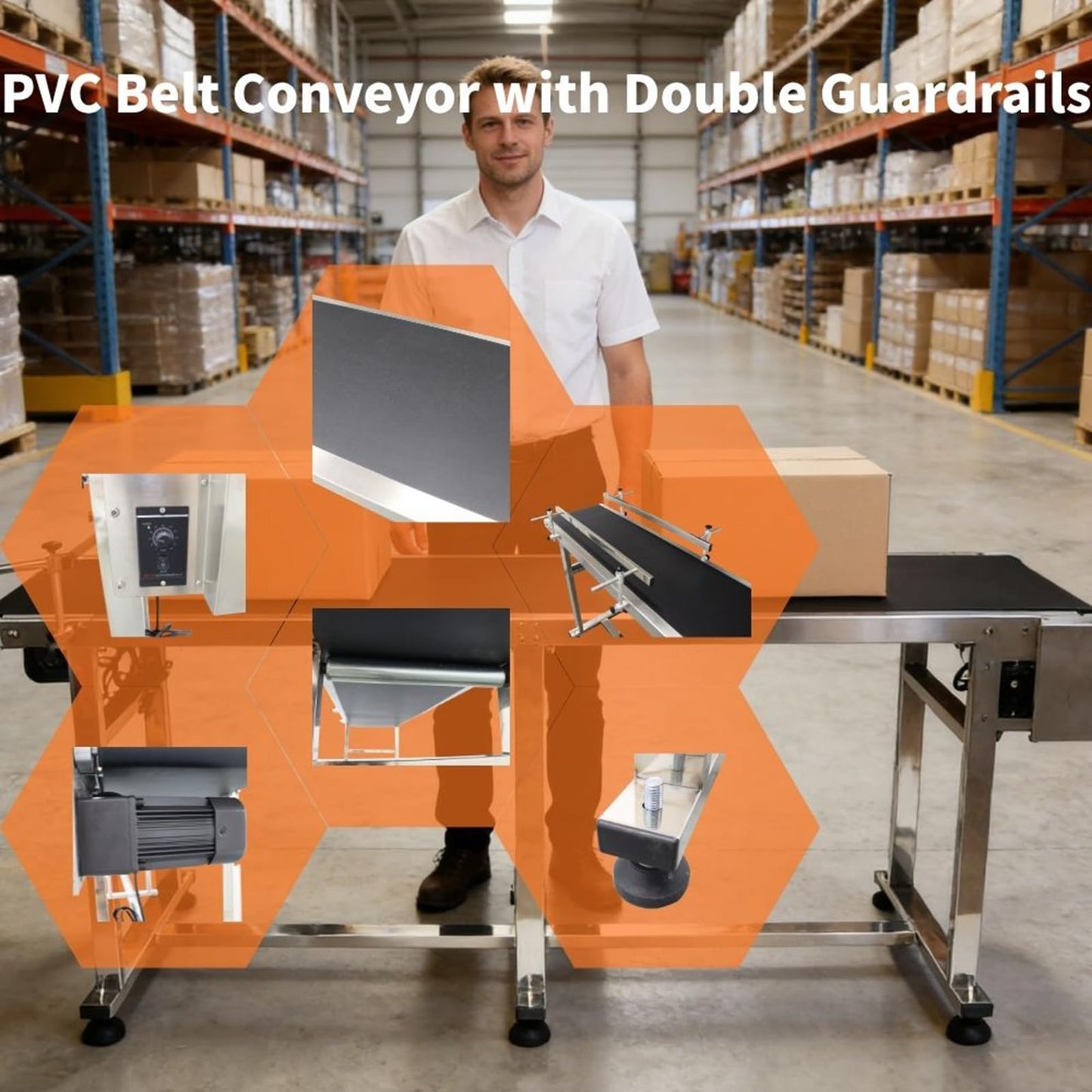 Yokoma Belt Conveyor Packaging Machine with Double Guardrails Stainless Steel Electric Flat PVC Belt Conveyor Black 118inch*15.7inch 250W 110V