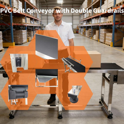 Yokoma Belt Conveyor Packaging Machine with Double Guardrails Stainless Steel Electric Flat PVC Belt Conveyor Black 118inch*15.7inch 250W 110V