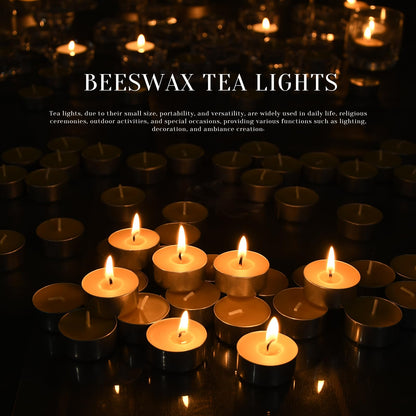 Natural Organic Beeswax Tealight Candles in Metal Aluminum Cup, Mini Beeswax Candle Bulk Unscent Smokeless 4+ Hours Burning - Yellow, Pack of 100