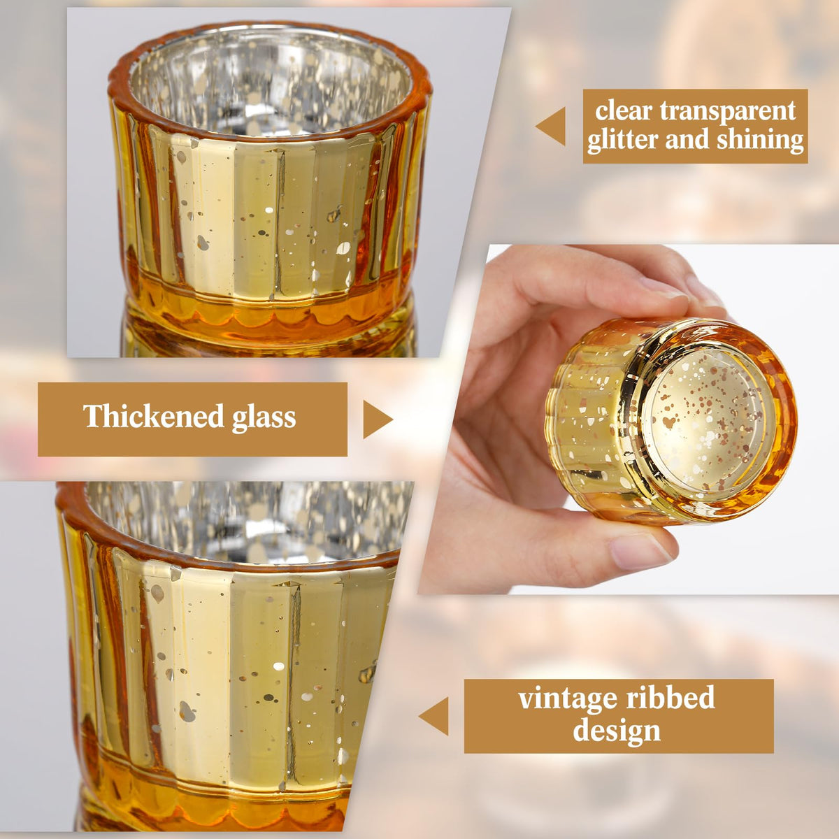 Mumufy 100 Pcs Glass Tealight Candle Holder Ribbed Votive Candle Holder for Centerpiece Wedding Proposal Spa Aromatherapy Meditation Home Decor (Gold)