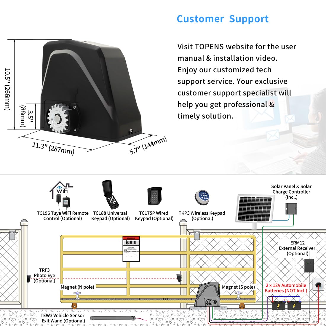 TOPENS DKR1100ST Solar Sliding Gate Opener Rack Drive Automatic Gate Motor for Heavy Driveway Slide Gates Up to 2600 Pounds, Electric Gate Operator Battery Powered with Solar Panel Remote Control Kit