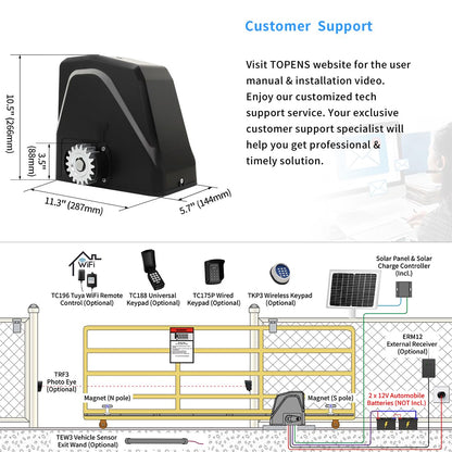 TOPENS DKR1100ST Solar Sliding Gate Opener Rack Drive Automatic Gate Motor for Heavy Driveway Slide Gates Up to 2600 Pounds, Electric Gate Operator Battery Powered with Solar Panel Remote Control Kit
