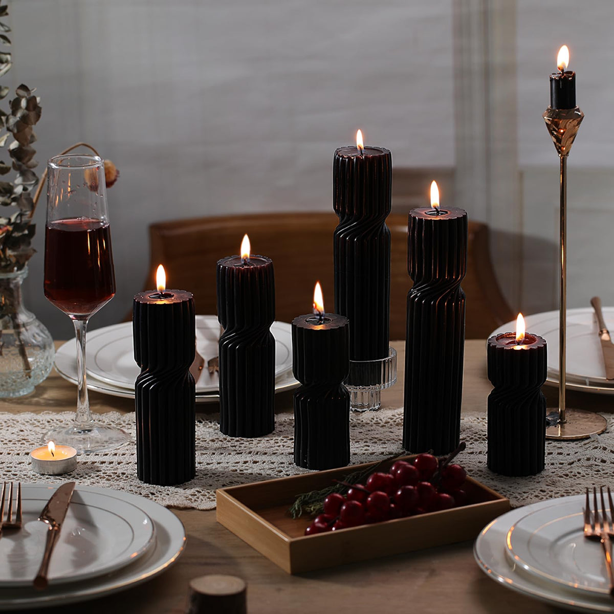 LETINE Black Sandalwood Pillar Candles Set of 3 - Decorative Ribbed Soy Wax Spiral Spire Candles for Home Decor, Bulk Scented Candles for Entryway Table, Living Room& Coffee Table Decor