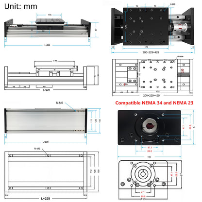 Electric Linear Stage Heavy Duty Load 550 lb 250KG Ballscrew 2005 Double Rail Guide Four Slide 8 Inch 200mm Stroke Slide Stage Compatible Nema23 57mm NEMA34 86mm Stepper Motor for CNC Router