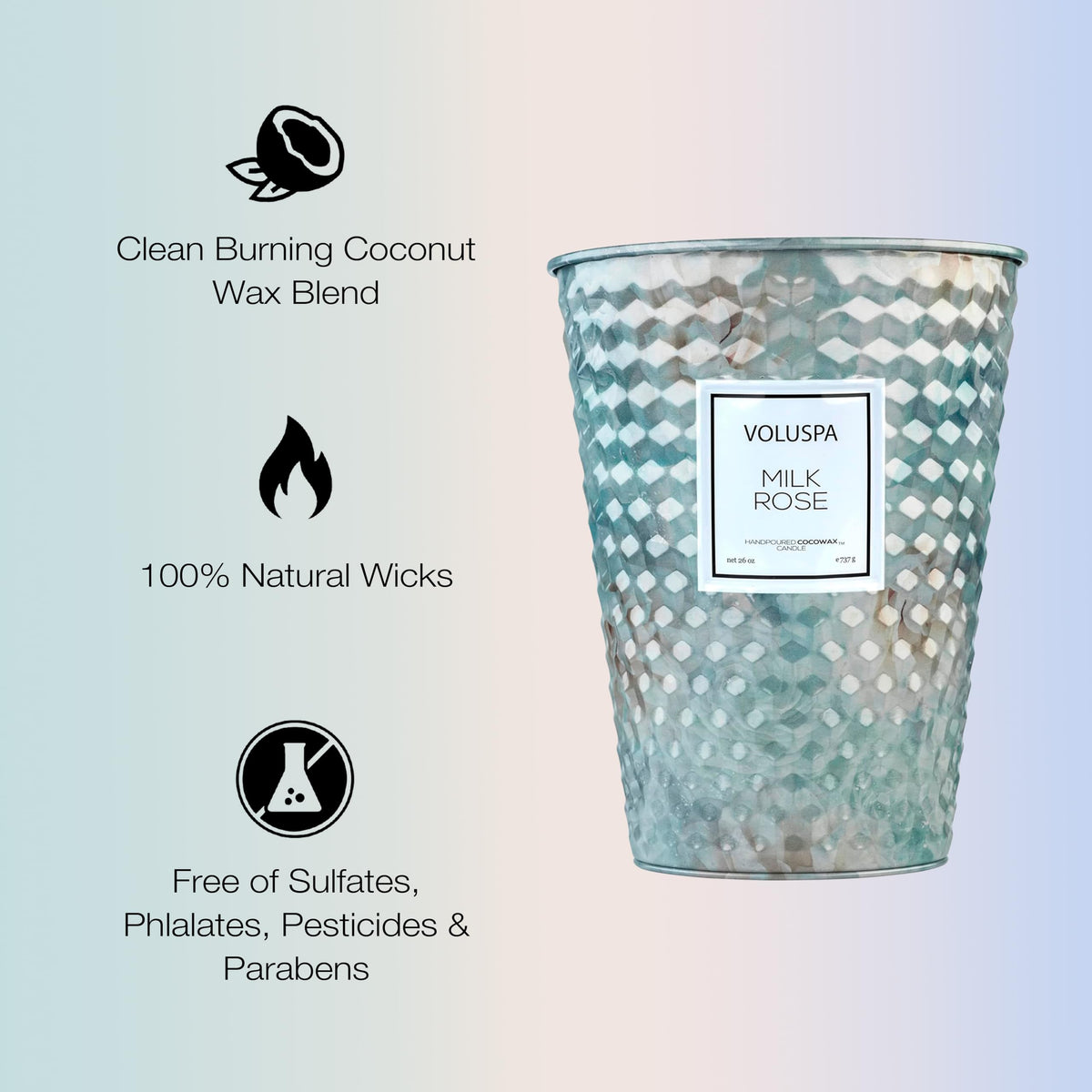 Voluspa Milk Rose, 2 Wick Tin Candle, 26 Ounce, 80 Hour Burn Time, Coconut Wax for Clean Burning, Handcrafted in the USA