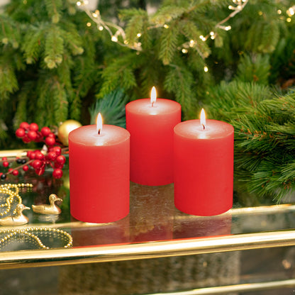 CANDWAX 3x4 Inch Red Pillar Candles Set of 3 - Unscented Dripless Rustic Red Candles for Holiday Settings, Weddings, Events, Home Décor, Party Decorations