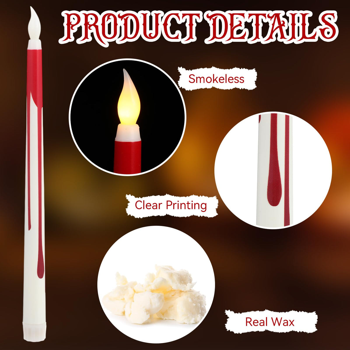 Kittmip 6 Pcs Halloween Flameless Taper Candles 11 Inch Long Red White Battery Operated LED Bloody Candles Haunted Table Centerpiece for Holiday Party Table Decor