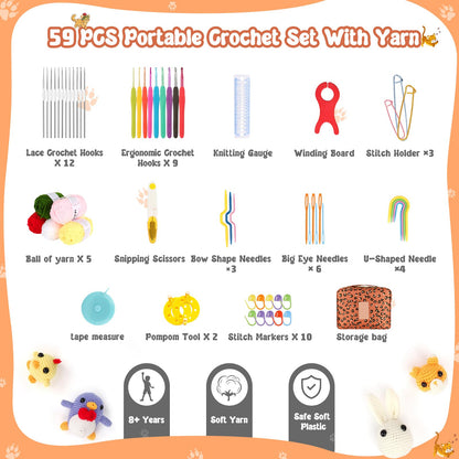 Coopay Crochet Kit Beginners Crochet Hook Set with Crochet Yarn,58PCS Portable Crochet Set Ergonomic Crochet Hooks Travel Knitting Crochet Supplies