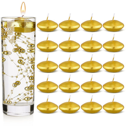 Nuanchu 20 Pcs Mini Floating Candles Small Floating Unscented Candles Round Tea Lights Disc Smooth Wax for Pool Bathtub Dinner Wedding Home Favors(0.7 x 1.4 in,Gold)